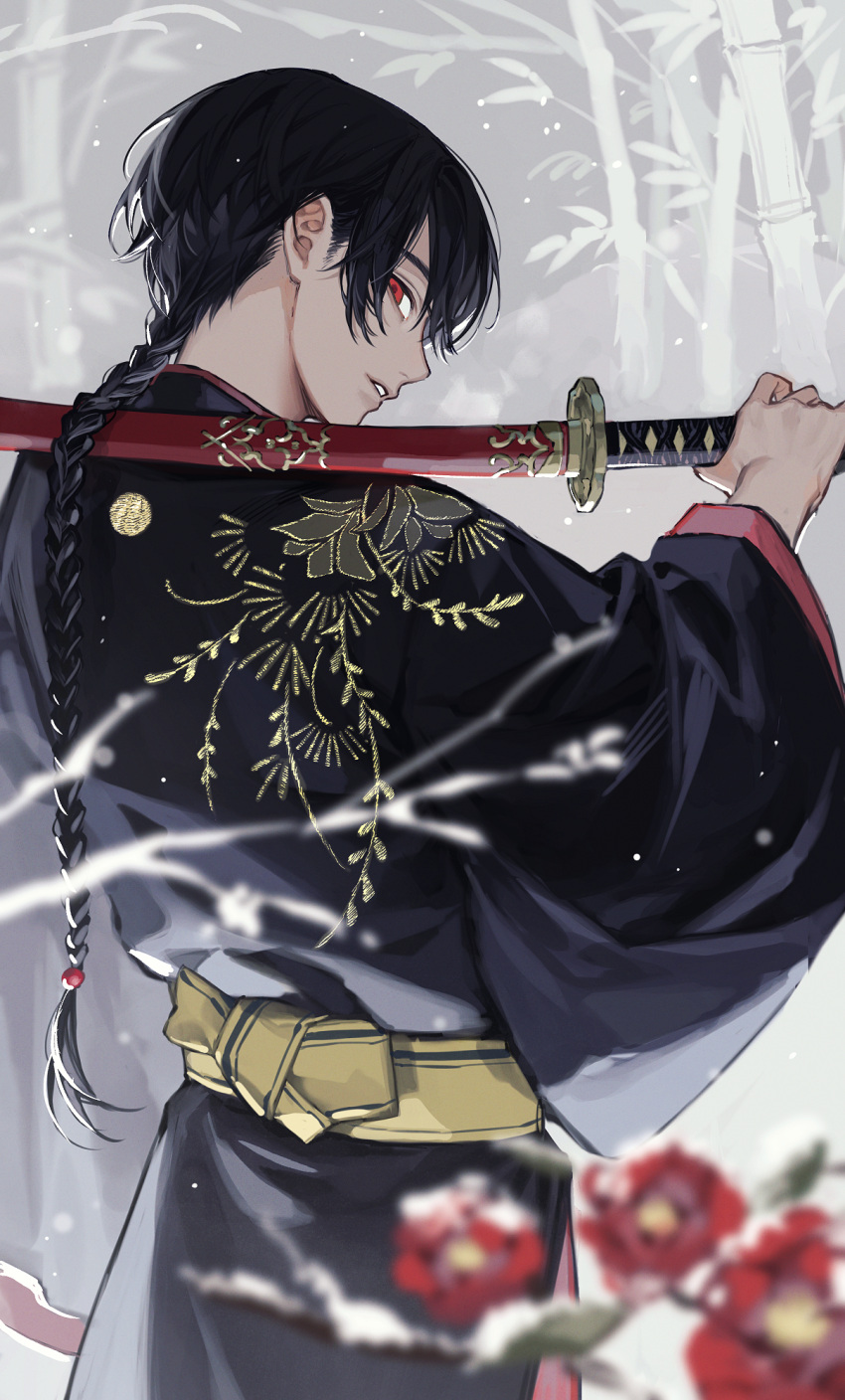 1boy, bamboo, bamboo_forest, bangs, black_hair, blurry, blurry_foreground, braid