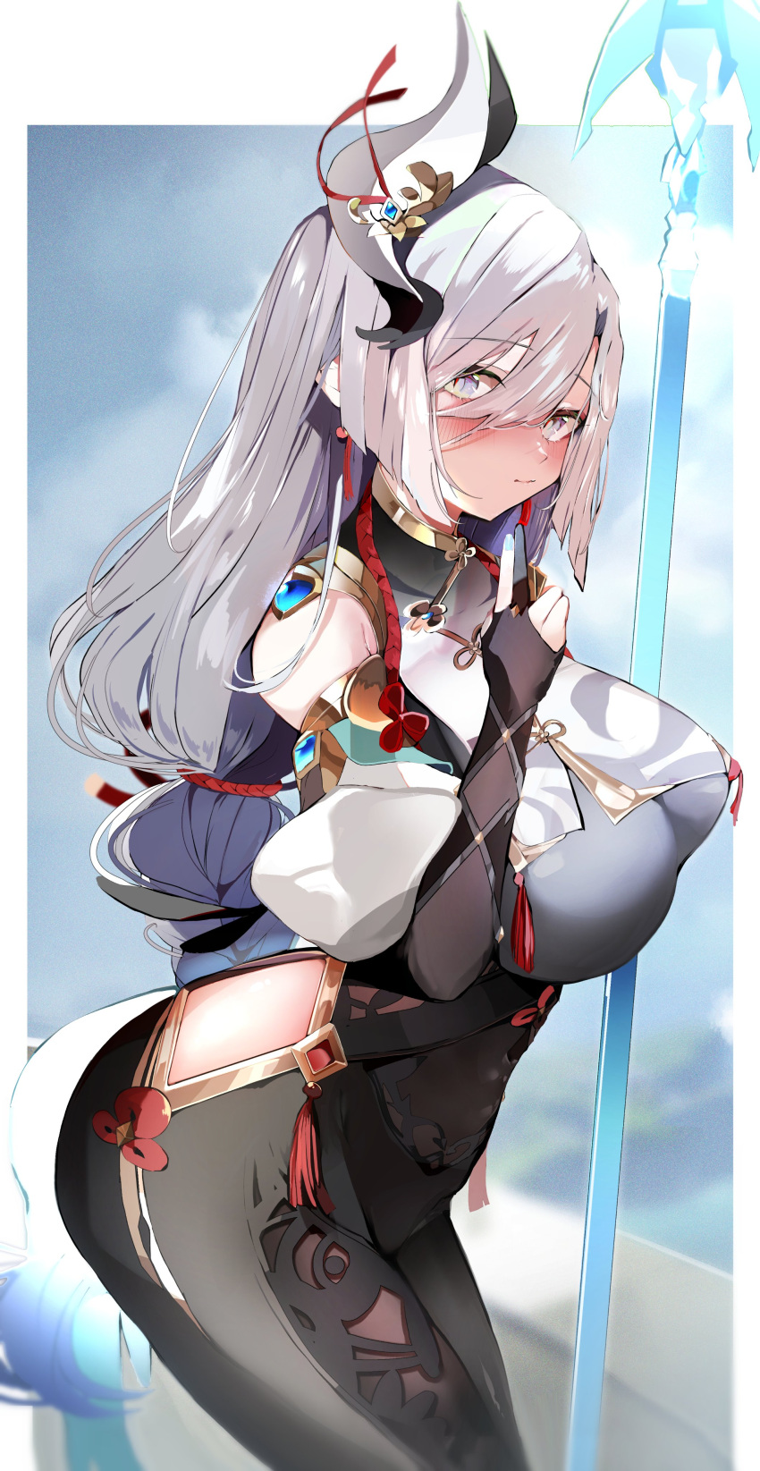 1girl, absurdres, bangs, blush, breast_curtains, breasts, chinese_clothes, clothing_cutout