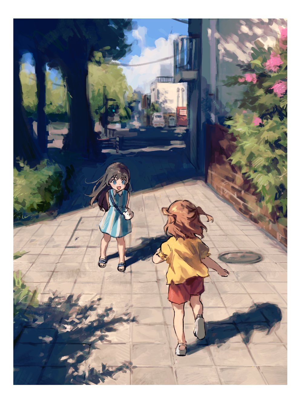 2girls, :d, aijou_karen, arms_behind_back, bag, bangs, black_hair, blue_dress