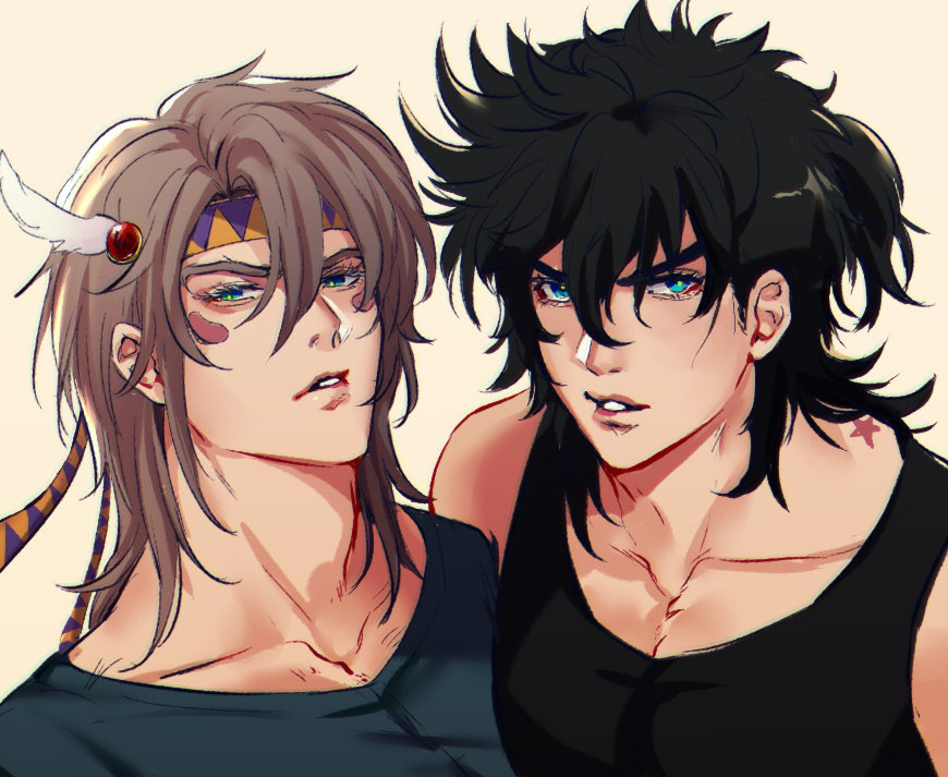 2boys, battle_tendency, birthmark, black_hair, blonde_hair, blue_eyes, caesar_anthonio_zeppeli, facial_mark