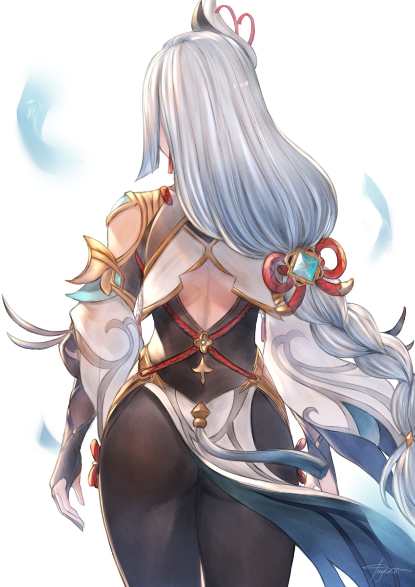 1girl, ass, bare_shoulders, black_bodysuit, black_gloves, bodysuit, braid, elbow_gloves, facing_away, from_behind, genshin_impact, gloves, hair_ornament, hair_ribbon, highres, long_hair, mugen_kageno, partially_fingerless_gloves, red_ribbon, revision, ribbon, shenhe_(genshin_impact), signature, silver_hair, simple_background, single_braid, skin_tight, solo, very_long_hair, vision_(genshin_impact), white_background