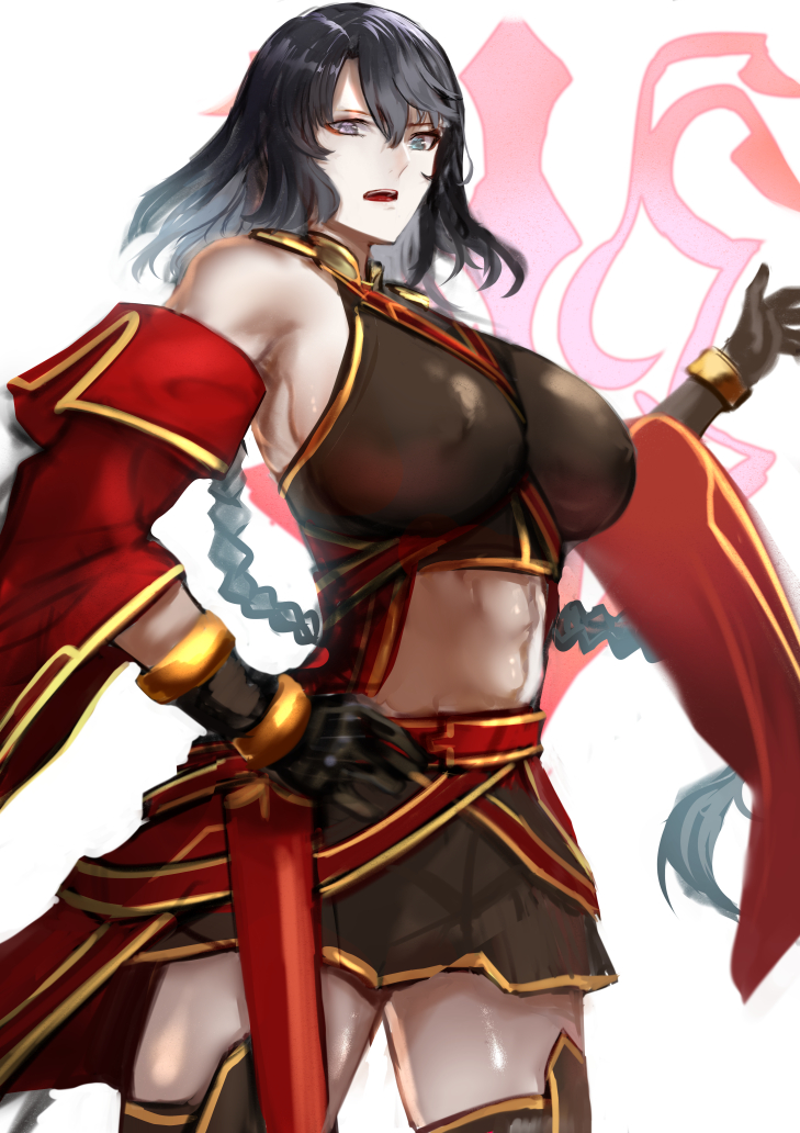 1girl, bangs, bare_shoulders, belt, black_gloves, black_hair, black_legwear, black_skirt