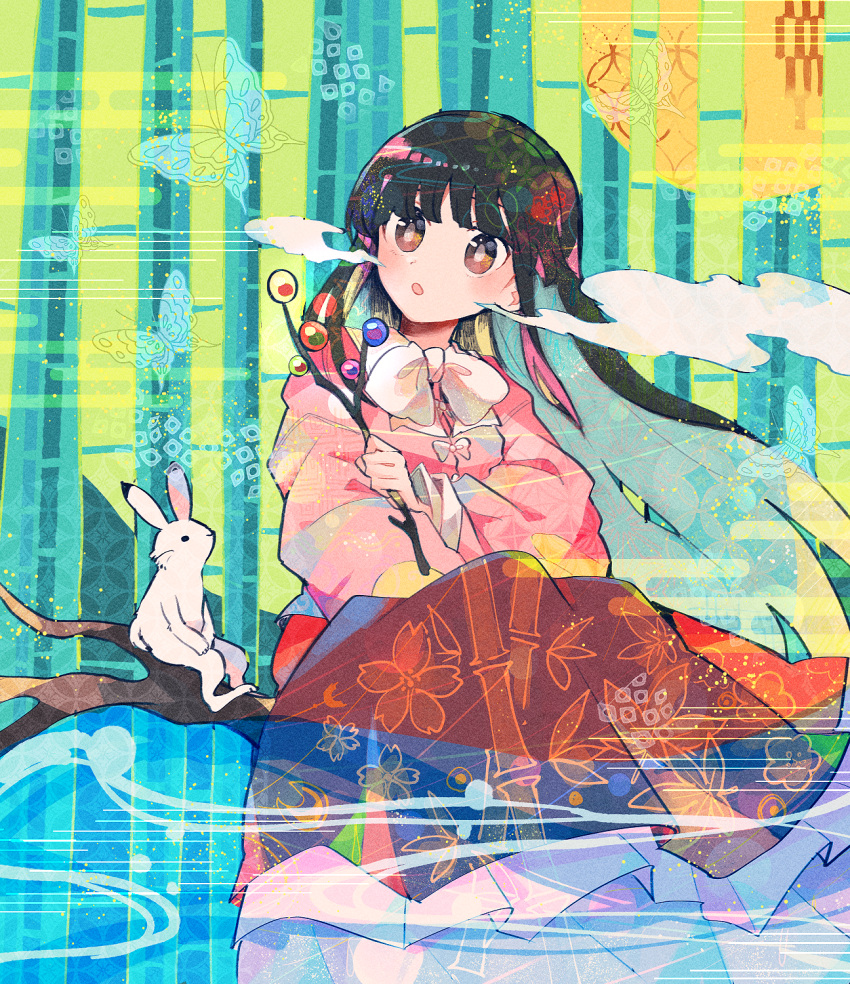 1girl, :o, abstract_background, animal, bamboo, bamboo_print, bangs, black_hair, blouse, blunt_bangs, bow, bowtie, branch, breath, bright_pupils, brown_eyes, bug, butterfly, cherry_blossom_print, colorful, crescent_print, film_grain, floating_hair, floral_print, frills, full_body, hand_up, head_tilt, highres, holding, holding_branch, houraisan_kaguya, in_tree, itomugi-kun, japanese_clothes, jeweled_branch_of_hourai, kanoko_(pattern), leaf_print, light_particles, long_hair, long_skirt, long_sleeves, looking_at_viewer, looking_to_the_side, looking_up, moon_print, parted_lips, petticoat, pink_blouse, rabbit, red_skirt, shippou_(pattern), sitting, sitting_in_tree, skirt, solo, touhou, tree, very_long_hair, white_bow, white_bowtie, white_pupils, wide_sleeves