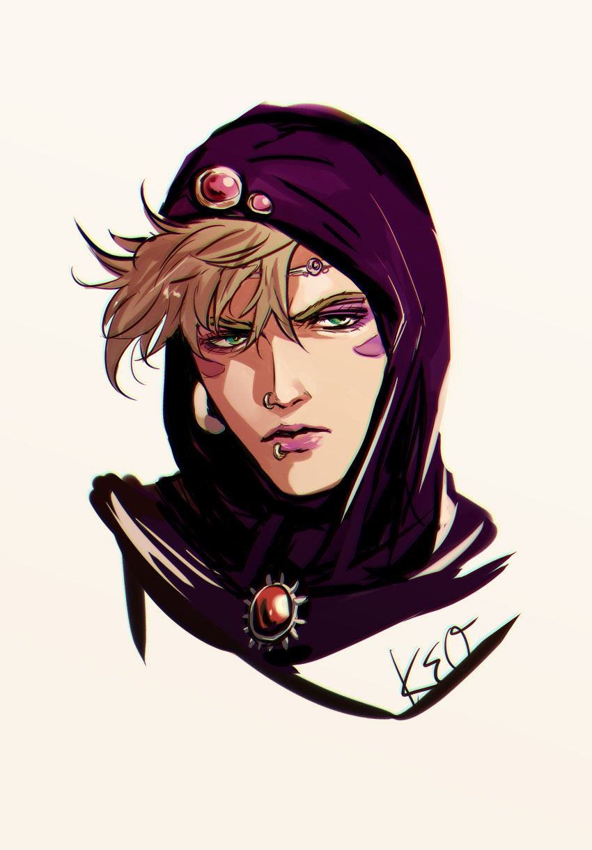 1boy, battle_tendency, blonde_hair, caesar_anthonio_zeppeli, cosplay, facial_mark, green_eyes, head_scarf, highres, jojo_no_kimyou_na_bouken, kars_(jojo), kars_(jojo)_(cosplay), lip_piercing, male_focus, nose_piercing, nose_ring, oppi_(ksop28), piercing, solo