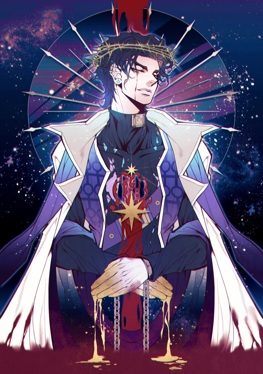 1boy, belt, blood, blood_from_eyes, blood_on_clothes, blood_on_hands, blue_eyes, blue_hair