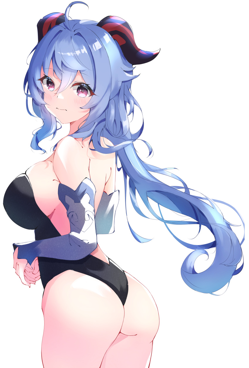 1girl, absurdres, ahoge, ass, backless_outfit, black_leotard, blue_hair, breasts