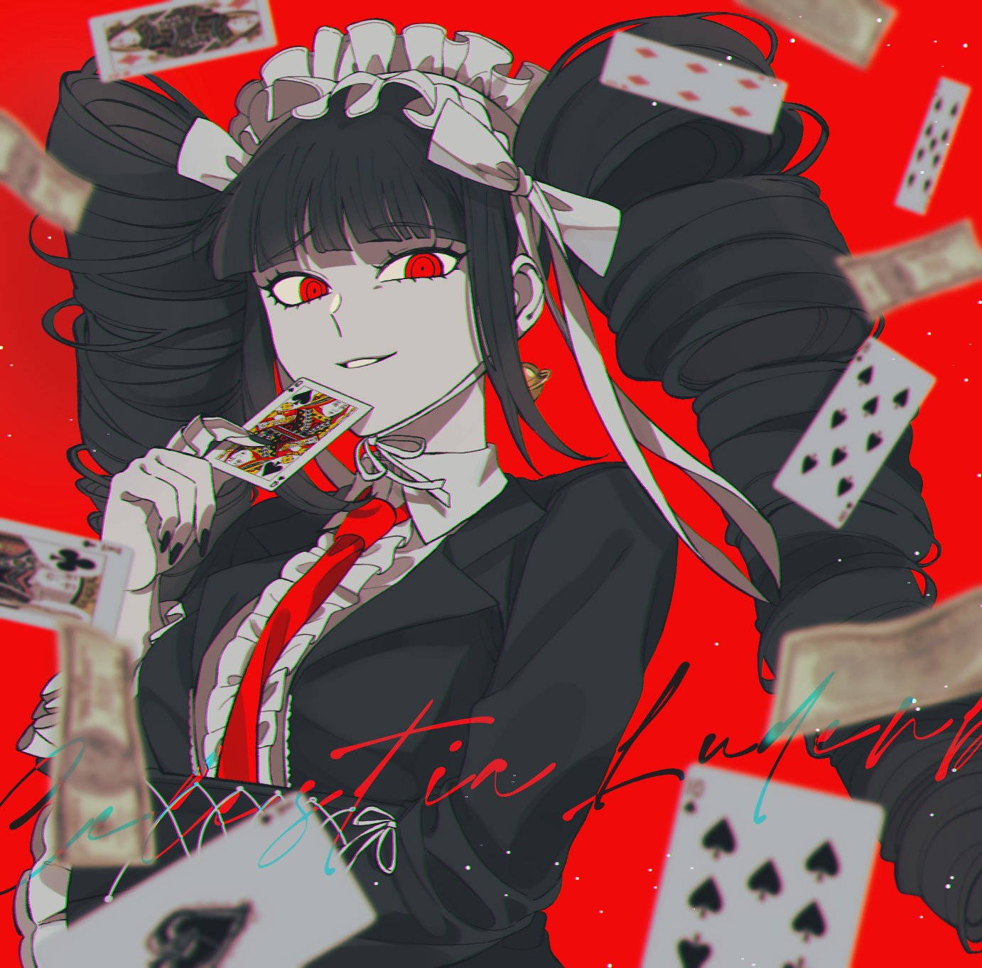 1girl, bangs, black_hair, black_jacket, blunt_bangs, bong_(0u0bon), bonnet, card