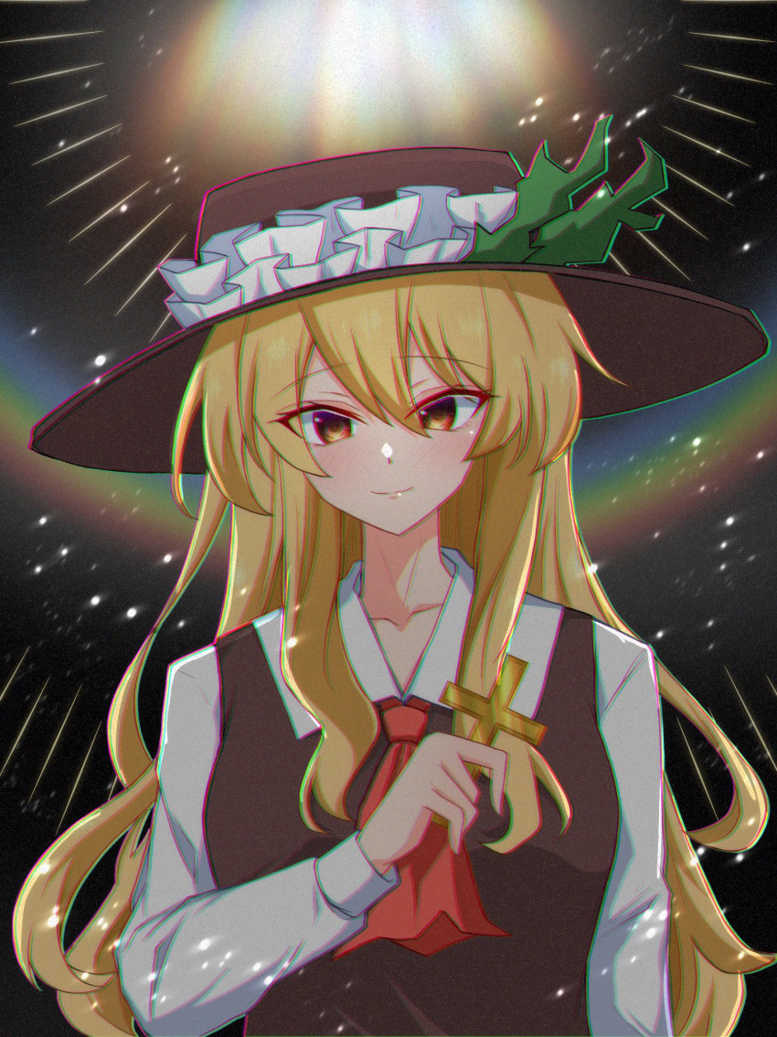 1girl, ascot, bangs, blonde_hair, blush, breasts, brown_headwear, brown_vest