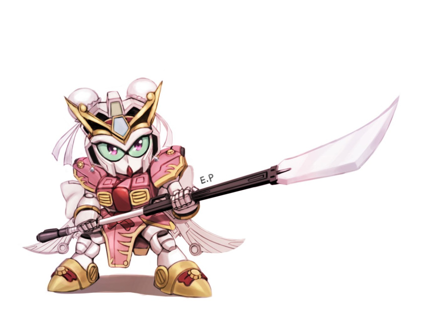 bun_cover, colored_sclera, elping, green_sclera, gundam, holding, holding_polearm, holding_weapon, korean_commentary, looking_up, mecha, naginata, no_humans, polearm, sd_gundam, sd_gundam_sangokuden, sonshoukou_garbera, standing, violet_eyes, weapon, white_background