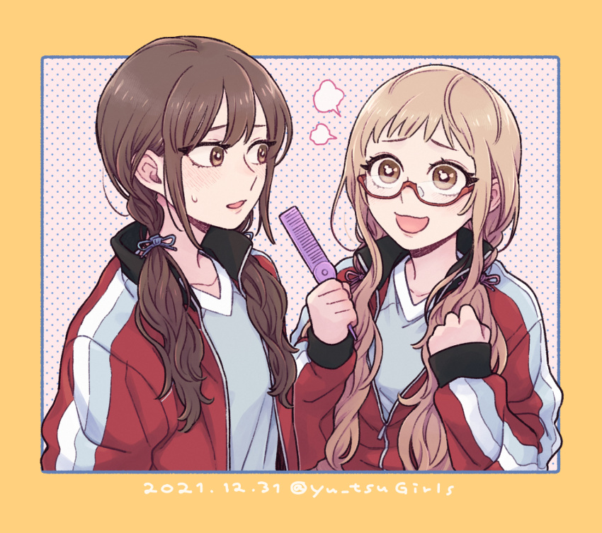 2girls, alternate_hairstyle, ano_fuji, blonde_hair, brown_hair, comb, dated, glasses, highres, jacket, multiple_girls, okujou_no_yurirei-san, peg, toomi_yuna, twitter_username, upper_body
