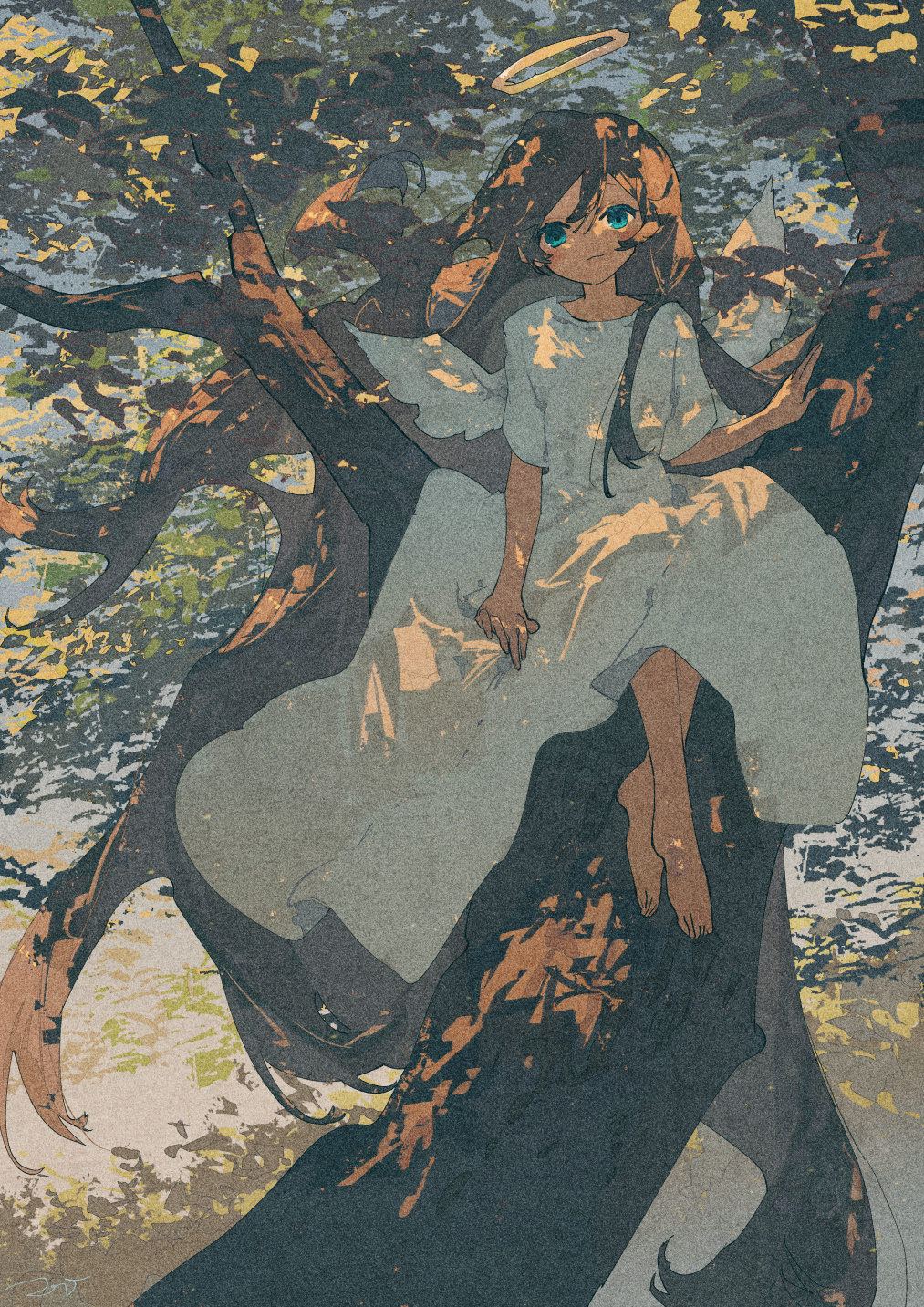 1girl, absurdly_long_hair, bangs, barefoot, blue_eyes, blush, brown_hair, dappled_sunlight