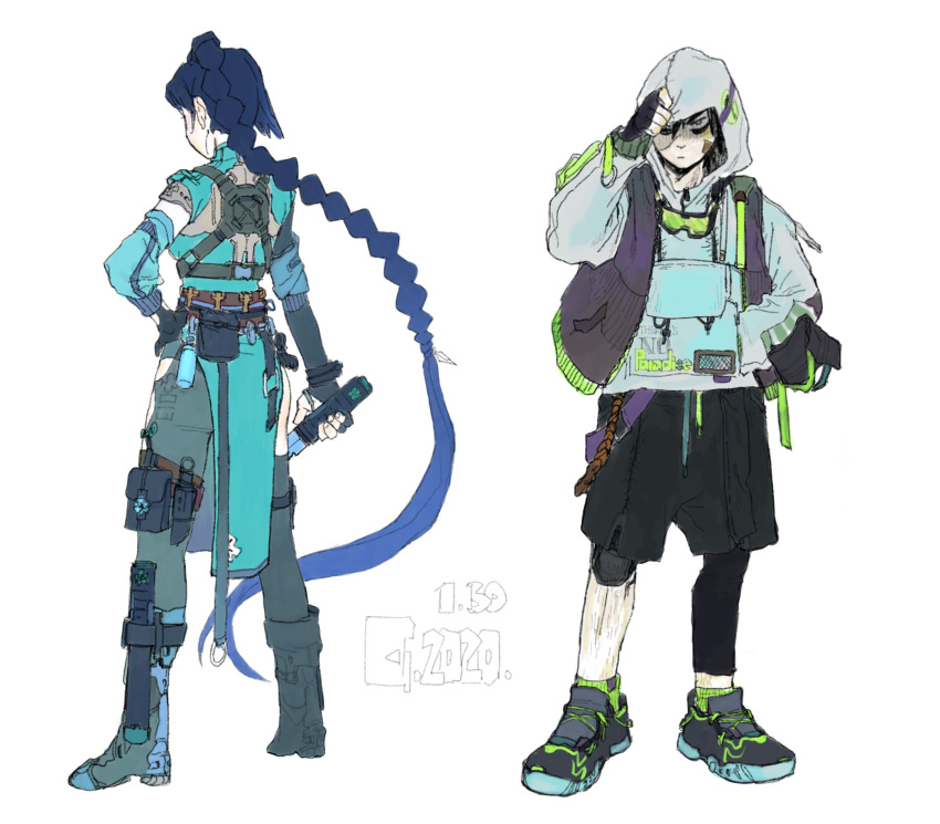 1boy, 1girl, absurdly_long_hair, adjusting_hood, alternate_costume, arm_up, artist_name, asymmetrical_clothes, asymmetrical_hair, bandaid, bandaid_on_face, bangs, black-framed_eyewear, black_eyes, black_hair, black_pants, black_shorts, blue_hair, blue_sleeves, boots, braid, braided_ponytail, breasts, chain, chinese_commentary, closed_mouth, clothes_writing, commentary_request, cross-laced_footwear, cyberpunk, dagger, dated, detached_sleeves, drawstring, dress, elbow_gloves, english_text, eyewear_around_neck, from_behind, full_body, gloves, godzillapigeon1, goggles, green-tinted_eyewear, green_dress, grey_legwear, grey_sweater, hair_between_eyes, hand_in_pocket, hand_on_hip, harness, highres, holding, holding_dagger, holding_weapon, hood, hood_up, hoodie, knee_pads, knife, leg_hair, long_hair, long_sleeves, looking_at_viewer, monochrome, multicolored_footwear, open_clothes, open_vest, pants, pants_under_shorts, pelvic_curtain, pocket, purple_vest, scissor_seven, seven_(scissor_seven), sheath, sheathed, shoes, short_hair, short_sleeves, shorts, side_ponytail, signature, simple_background, single_braid, single_pantsleg, small_breasts, sneakers, socks, standing, sweater, thigh_strap, thirteen_(scissor_seven), tinted_eyewear, very_long_hair, vest, weapon, white_background, zipper