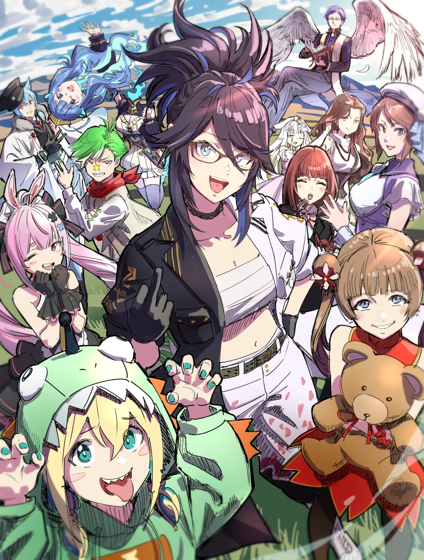3boys, 6+girls, :o, ^_^, absurdres, amano_pikamee, annotation_request, belt