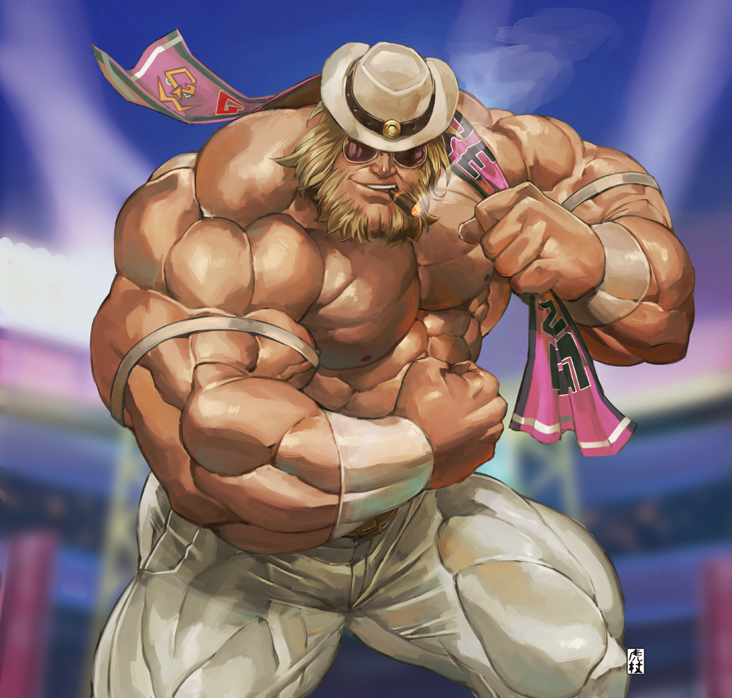 1boy, antonov_(kof), beard, biceps, blonde_hair, cigar, facial_hair, facing_viewer