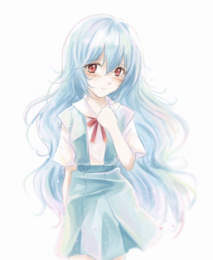 1girl, alternate_hair_length, alternate_hairstyle, arm_behind_back, ayanami_rei, bangs, baumku_techen, blue_hair