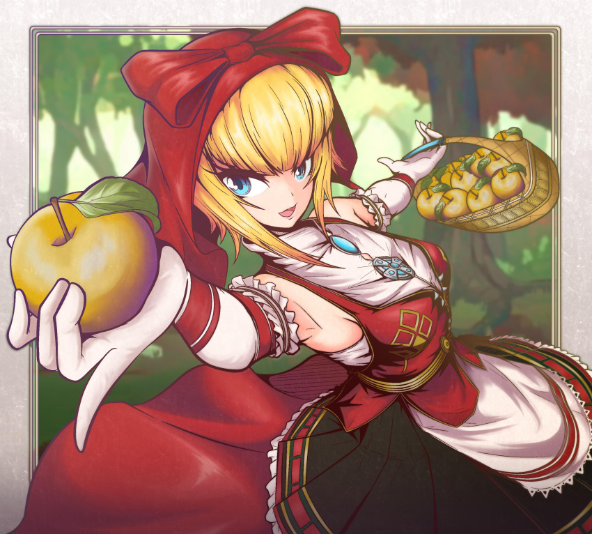 1girl, absurdres, apple, artist_request, bare_shoulders, basket, blonde_hair, blue_eyes
