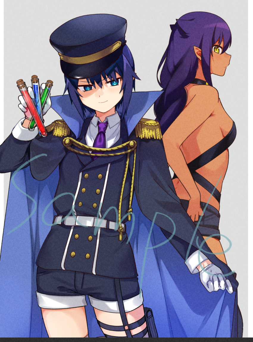 2girls, black_hair, blue_eyes, blue_hair, blush, braid, closed_mouth, dark-skinned_female