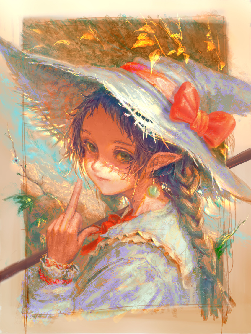 1girl, absurdres, blue_flower, blue_hair, border, bow, braid, branch, closed_mouth, earrings, fingernails, flower, frills, green_eyes, hat, hat_bow, highres, jewelry, jinchigou, long_hair, looking_at_viewer, low_twintails, middle_finger, original, outdoors, over_shoulder, painterly, pointy_ears, red_bow, red_neckwear, single_earring, smile, solo, twintails, upper_body, white_headwear, witch_hat