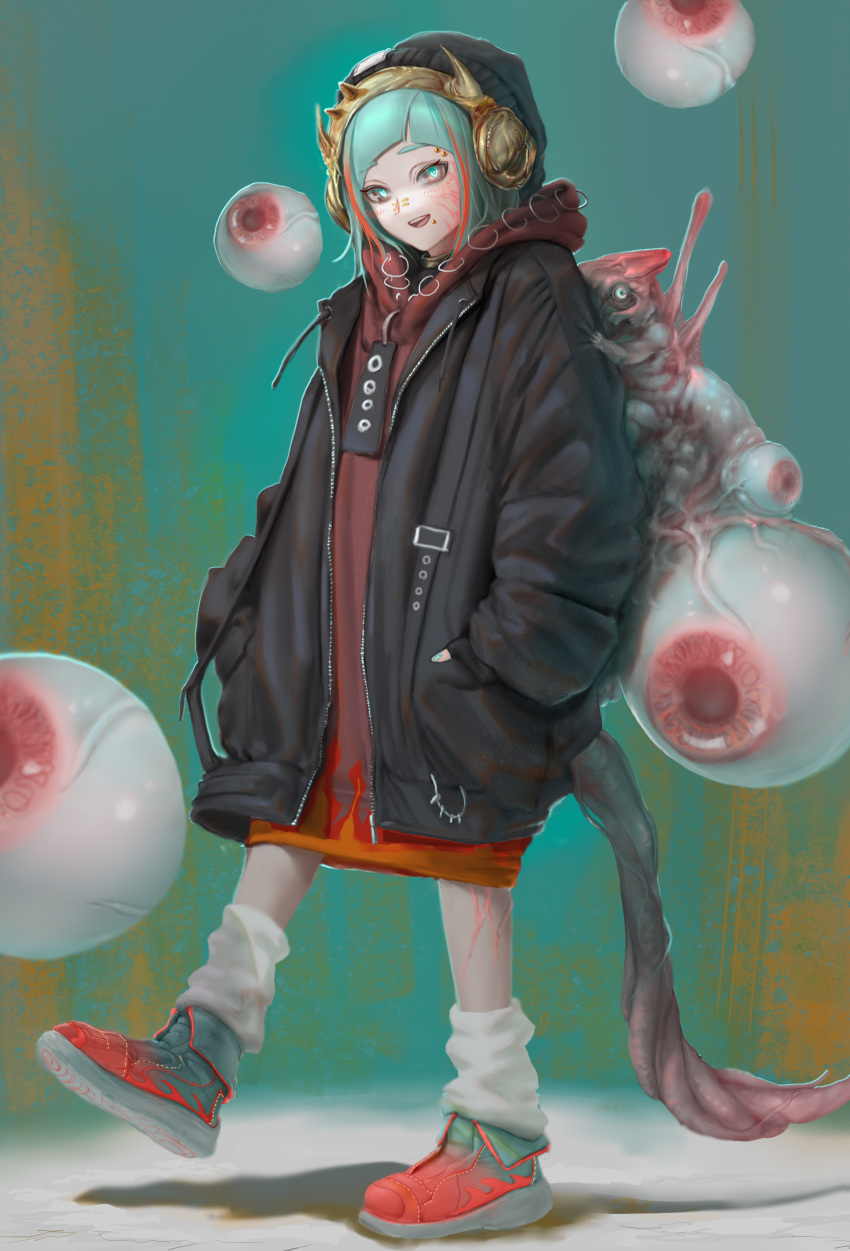 1girl, absurdres, aqua_eyes, aqua_nails, beanie, black_coat, black_gloves, black_headwear