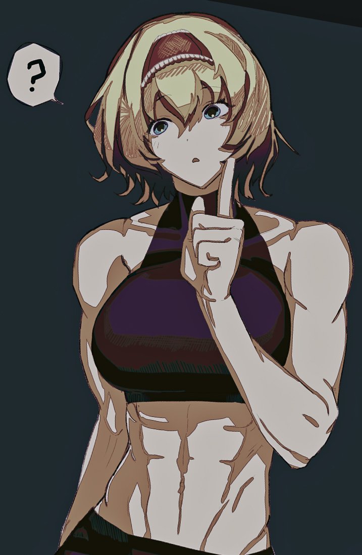 1girl, ?, alice_margatroid, bangs, black_sports_bra, blonde_hair, blue_eyes, breasts