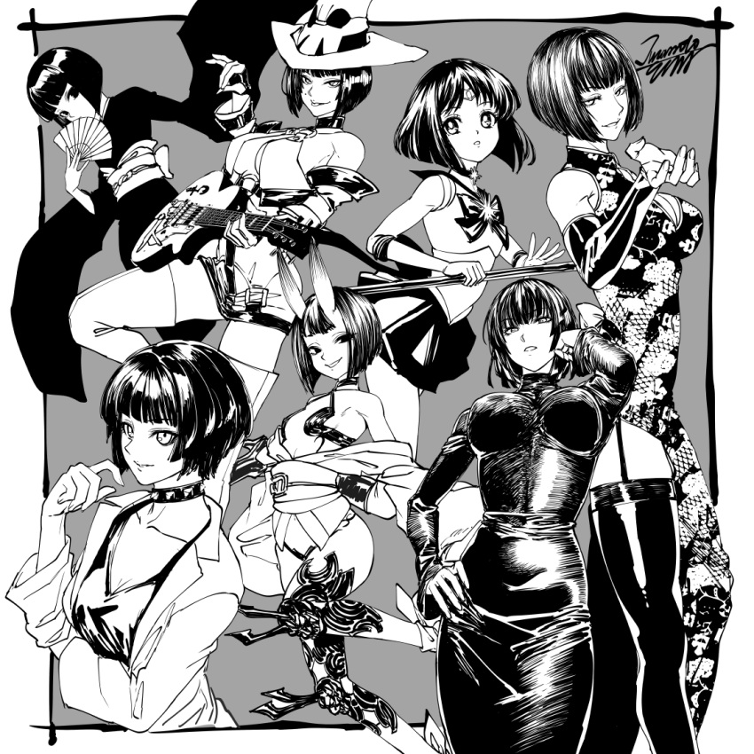 1boy, 6+girls, androgynous, artist_name, artist_request, bishoujo_senshi_sailor_moon, black_hair, bob_cut, character_request, china_dress, chinese_clothes, choker, copyright_request, crossover, dress, eyelashes, fate/grand_order, fate_(series), fubuki_(one-punch_man), grey_background, guilty_gear, guitar, hand_fan, hat, holding, holding_fan, horns, hunter_x_hunter, i-no, instrument, japanese_clothes, kalluto_zoldyck, kimono, magical_girl, mole, mole_above_mouth, monochrome, multiple_crossover, multiple_girls, one-punch_man, otoko_no_ko, persona, persona_5, sailor_saturn, sailor_senshi_uniform, short_hair, shuten_douji_(fate), signature, simple_background, source_request, takemi_tae, tomoe_hotaru, trait_connection, witch_hat