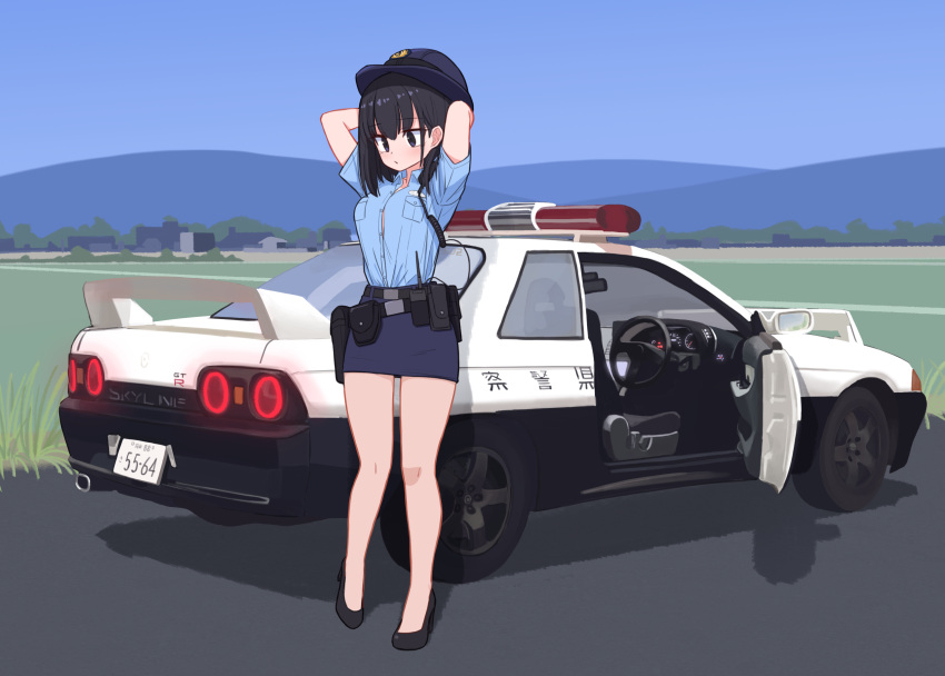 1girl, belt, black_belt, black_eyes, black_footwear, black_hair, blue_headwear, blue_shirt