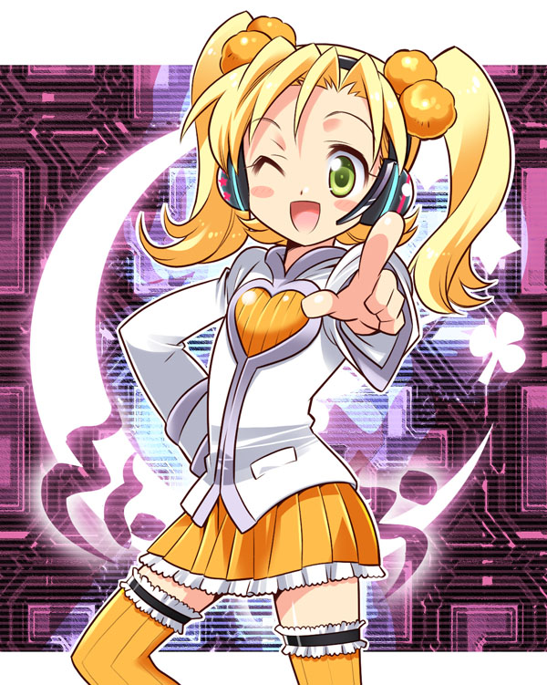 1girl, ;d, basquash!, blonde_hair, blush, citron_(basquash), green_eyes, hair_bobbles, hair_ornament, hand_on_hip, headset, komowata_haruka, long_hair, one_eye_closed, pointing, pointing_at_viewer, skirt, smile, standing, twintails, yellow_legwear, yellow_skirt