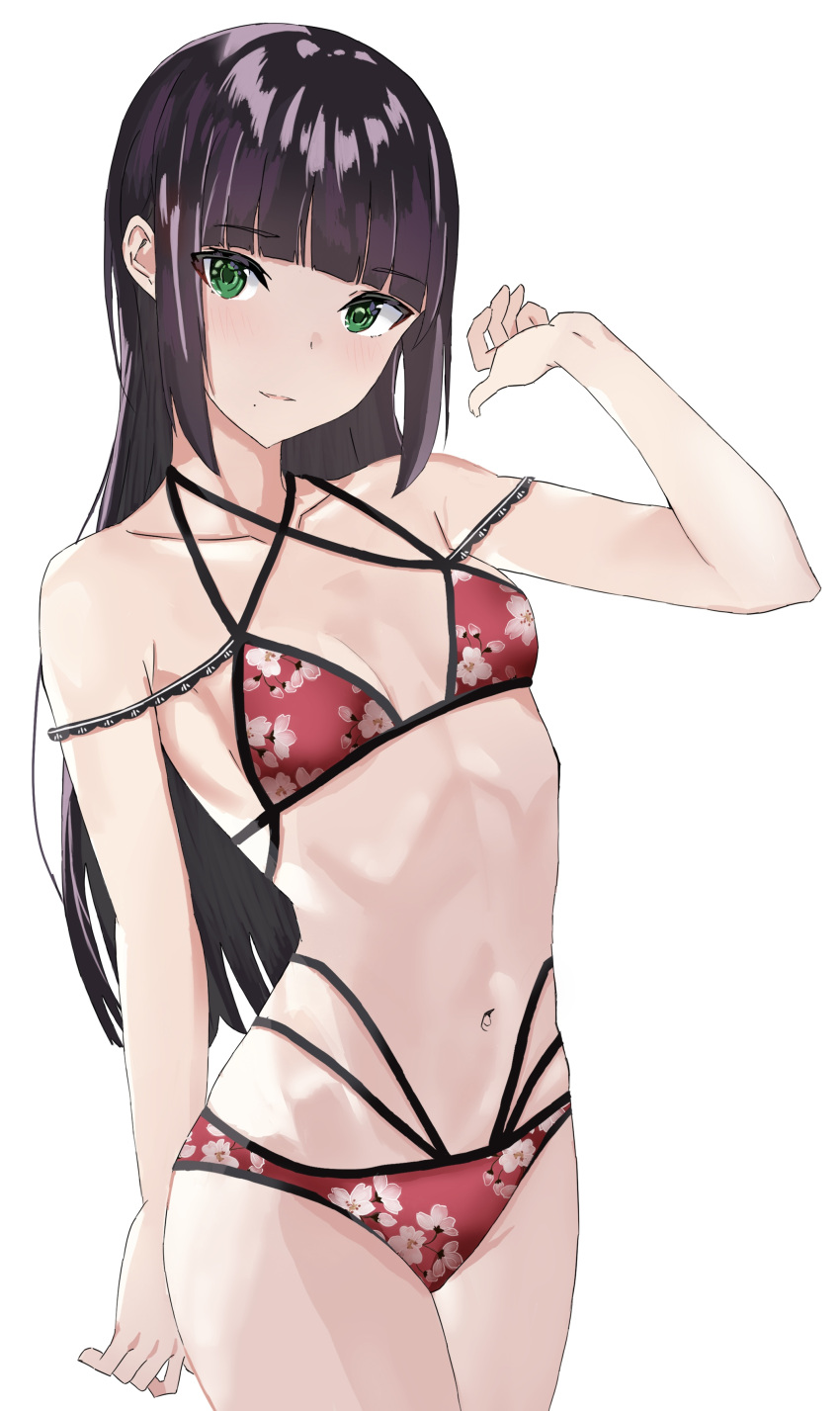 1girl, absurdres, arm_up, bangs, bare_arms, bikini, black_hair, blunt_bangs