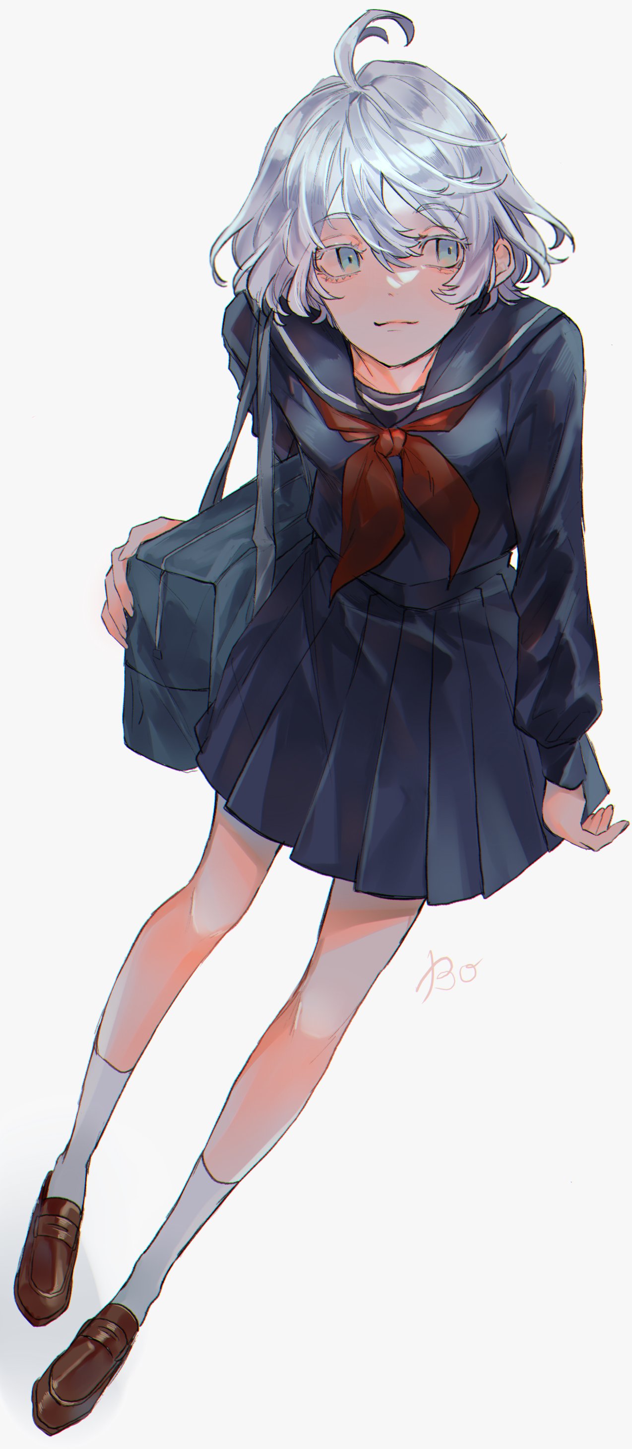 1girl, absurdres, akashi_senju, bangs, blue_skirt, bo_1125, brown_footwear, ears_visible_through_hair