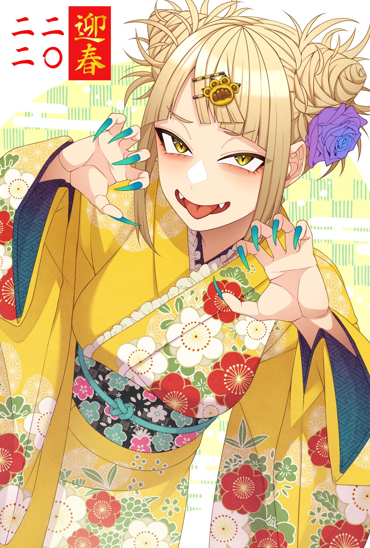 1girl, asa_no_ha_(pattern), bags_under_eyes, bangs, blonde_hair, blunt_bangs, boku_no_hero_academia, checkered_background, claw_pose, claws, double_bun, egasumi, eyebrows_visible_through_hair, eyeliner, fangs, fingernails, floral_print, flower, furisode, hair_flower, hair_ornament, hair_up, hairclip, highres, japanese_clothes, kimono, kobaji, kojitsunagi_(pattern), long_sleeves, looking_at_viewer, makeup, nail_polish, new_year, obi, open_mouth, patterned_background, patterned_clothing, paw_hair_ornament, sash, sharp_fingernails, sidelocks, slit_pupils, smile, solo, toga_himiko, tongue, tongue_out, translation_request, very_long_fingernails, yellow_eyes
