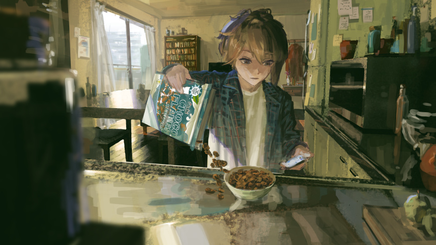 1girl, absurdres, apple, blue_eyes, blue_shirt, blurry, blurry_foreground, bookshelf