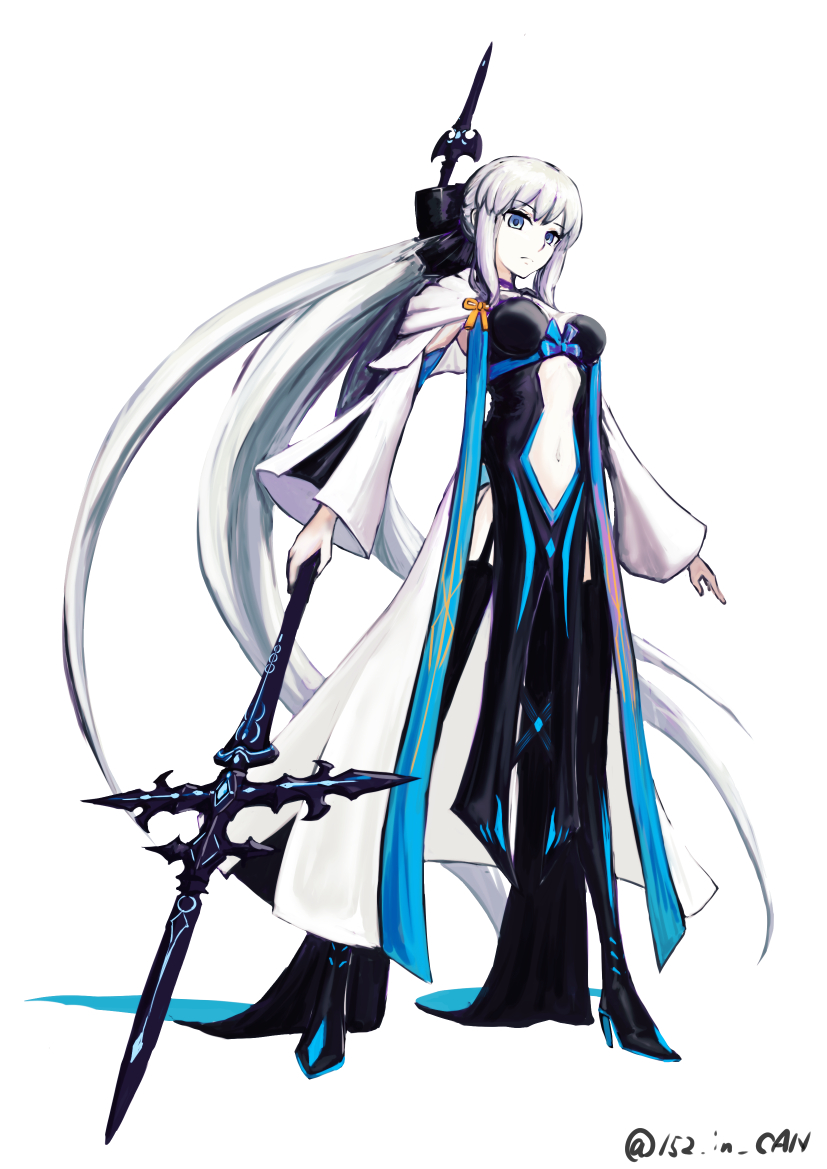 152_in_can, 1girl, bangs, black_bow, black_dress, blue_eyes, bow, breasts, center_opening, cleavage_cutout, closed_mouth, clothing_cutout, commentary, dress, eyebrows_visible_through_hair, fate/grand_order, fate_(series), fingernails, hair_between_eyes, hair_bow, hair_ornament, highres, holding, holding_staff, holding_weapon, large_breasts, long_hair, long_sleeves, looking_at_viewer, morgan_le_fay_(fate), navel, night, night_sky, outdoors, outstretched_arm, ponytail, pubic_tattoo, serious, sidelocks, silver_hair, sky, solo, staff, star_(sky), tattoo, tiara, tree, two-tone_dress, upper_body, very_long_hair, weapon, white_dress, wide_sleeves