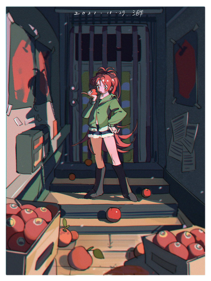 1girl, absurdres, apple, boots, food, fruit, highres, holding