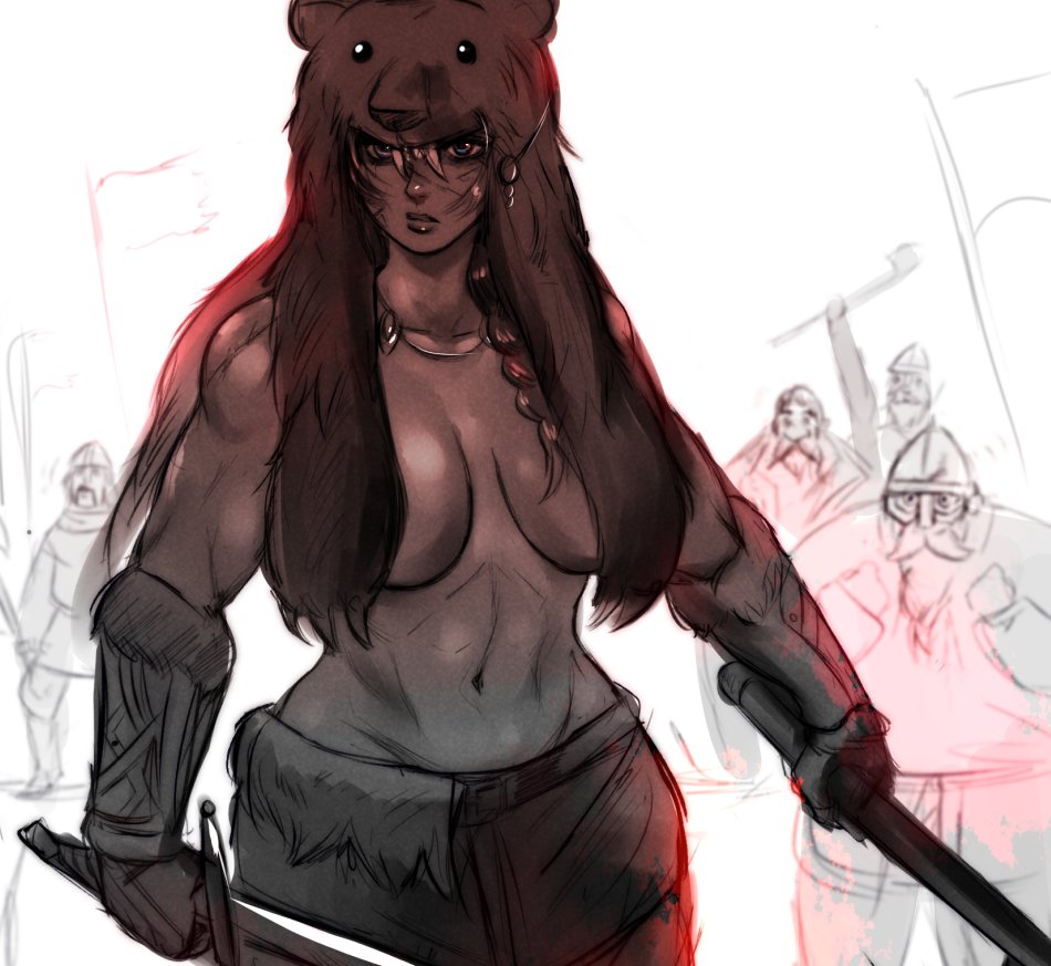 1girl, bear_pelt, blue_eyes, braid, breasts, closed_mouth, collarbone, dual_wielding