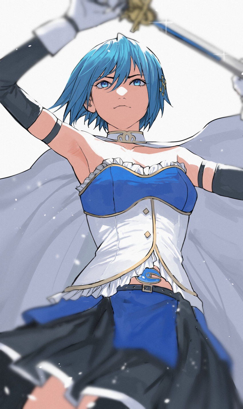 1girl, absurdres, blue_eyes, blue_hair, cape, from_below, gloves, highres