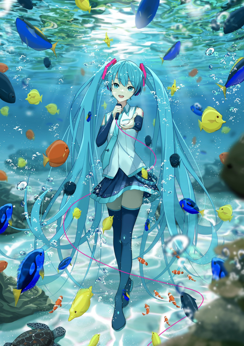 1girl, :d, aqua_eyes, aqua_hair, aqua_nails, aqua_necktie, bare_shoulders, black_legwear