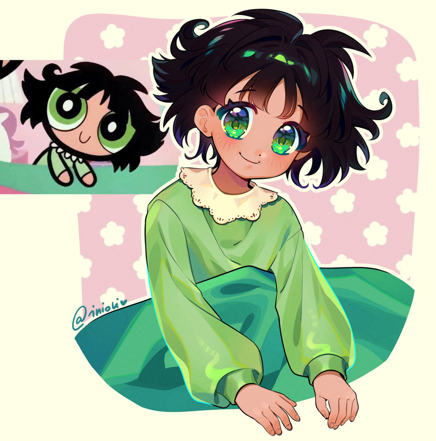 1girl, black_hair, buttercup_(ppg), buttercup_redraw_challenge, derivative_work, green_pajamas, highres, inioli