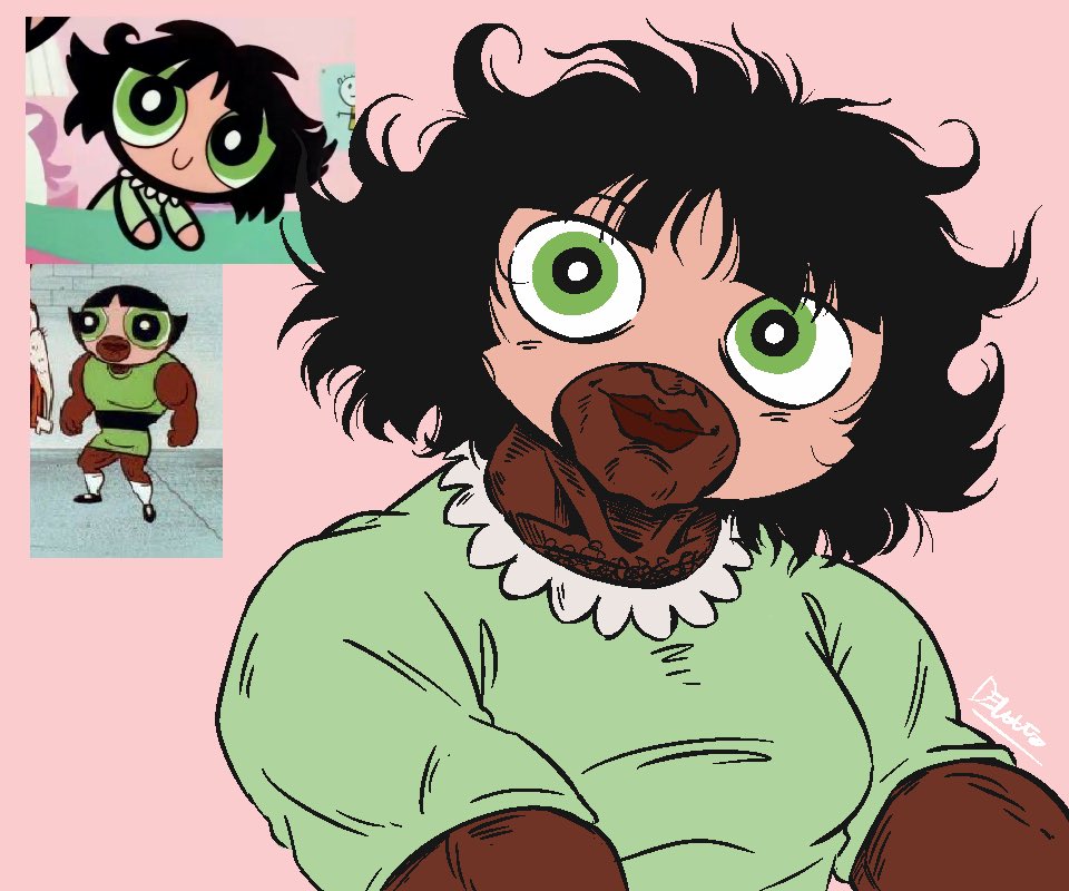 1boy, bangs, biceps, blunt_bangs, buttercup_(ppg), buttercup_(ppg)_(cosplay), buttercup_redraw_challenge, cosplay, dark-skinned_male, dark_skin, derivative_work, faris_f_dewanto, green_pajamas, looking_at_viewer, muscular, muscular_male, pectorals, pink_background, powerpuff_girls, reference_inset, screencap_redraw, short_sleeves, signature, simple_background, smile, solo