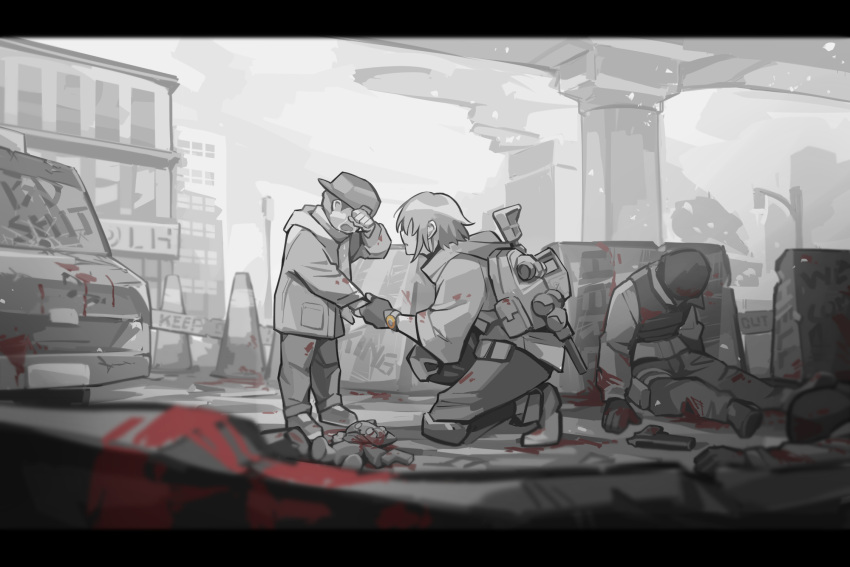 1girl, 3boys, agent_vector_(girls'_frontline), balaclava, baseball_cap, blood, blood_splatter, broken_window, car, city, crossover, crying, death, english_commentary, english_text, fingerless_gloves, girls_frontline, gloves, ground_vehicle, gun, handgun, hat, highres, hood, hood_down, jacket, knee_pads, kriss_vector, last_man_battalion, limited_palette, mask, motor_vehicle, multiple_boys, profanity, short_hair, smoke, squatting, stuffed_animal, stuffed_toy, submachine_gun, tactical_clothes, teddy_bear, tom_clancy's_the_division, traffic_cone, watch, watch, weapon, xinhao