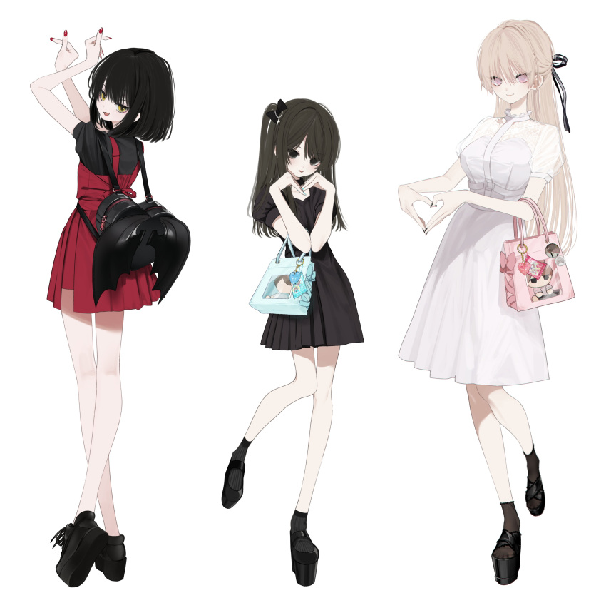 3girls, absurdres, backpack, bag, bangs, black_dress, black_hair, blonde_hair, breasts, brown_hair, dress, facing_viewer, fingernails, flat_chest, fujimoto_shiki, hair_ornament, hair_ribbon, handbag, heart, heart_hands, highres, honnryou_hanaru, large_breasts, long_hair, looking_at_viewer, mary_janes, multiple_girls, nail_polish, open_mouth, petite, red_dress, red_nails, ribbon, ruri_honjou, shoes, short_hair, skinny, smile, wedge_heels, white_background, white_dress