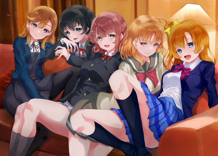 5girls, absurdres, bangs, black_hair, black_jacket, black_skirt, blazer, blonde_hair