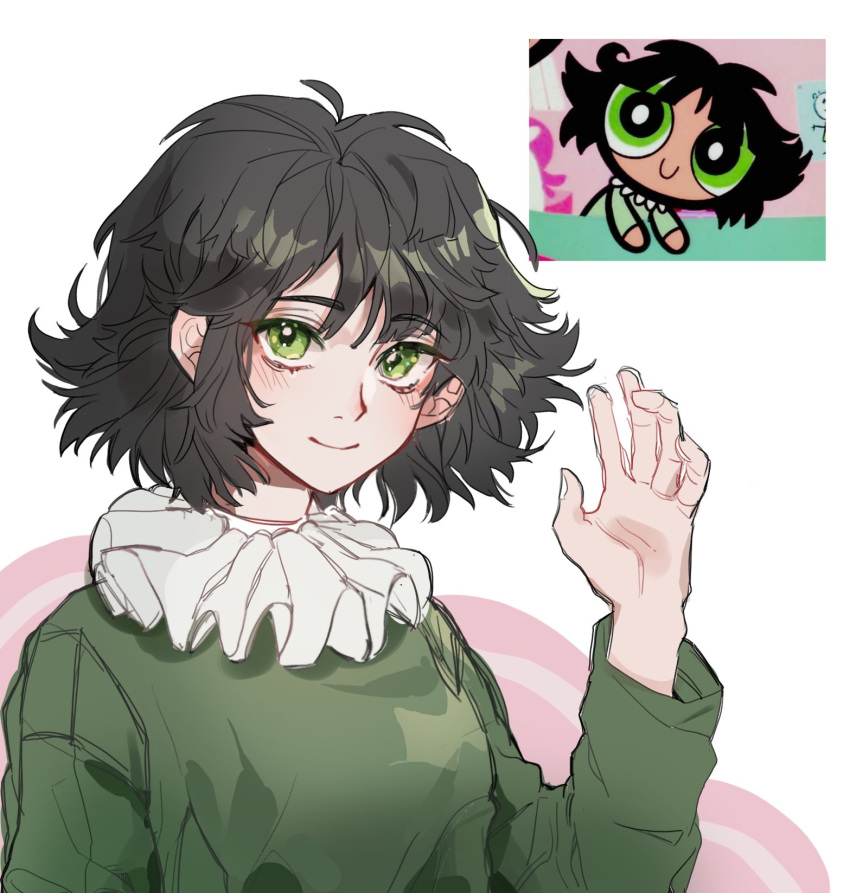 1girl, bangs, black_hair, buttercup_(ppg), buttercup_redraw_challenge, collar, derivative_work, eyebrows_visible_through_hair, frilled_collar, frills, green_pajamas, hand_up, highres, long_sleeves, looking_at_viewer, messy_hair, powerpuff_girls, reference_inset, ruian_hama, screencap_redraw, shadow, smile, solo