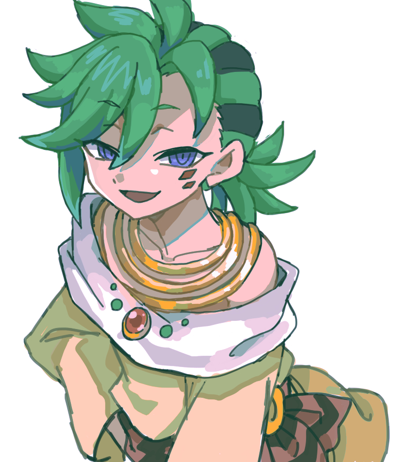 1boy, bike_shorts, black_hair, facial_mark, green_hair, jewelry, looking_at_viewer, mauro_abelard