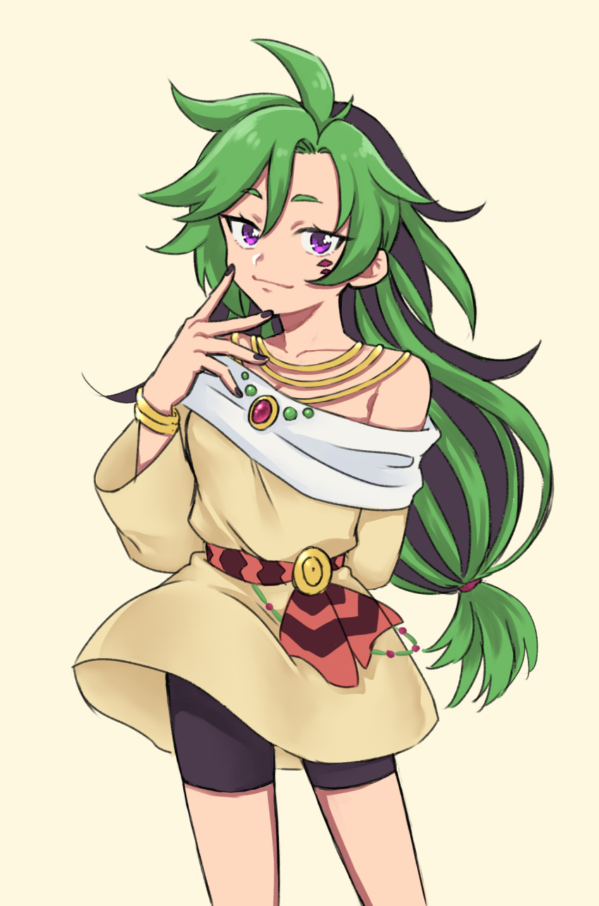 1girl, bike_shorts, black_hair, boots, bracelet, facial_mark, genderswap, genderswap_(mtf), green_hair, hair_between_eyes, highres, jewelry, long_hair, looking_at_viewer, low-tied_long_hair, mauro_abelard, multicolored_hair, off_shoulder, riku_son, shadowverse, shadowverse_(anime), smile, solo, spiky_hair, tunic, two-tone_hair, violet_eyes