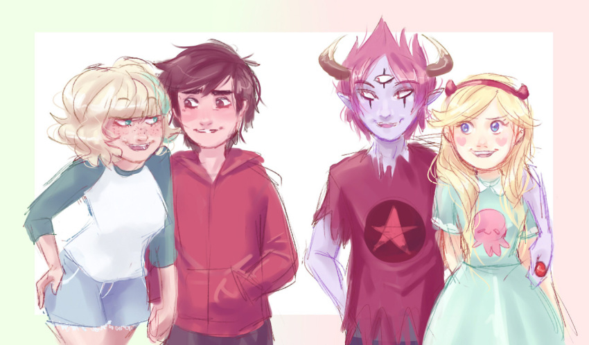 2boys, 2girls, blonde_hair, blue_eyes, brown_eyes, brown_hair, green_eyes, horns