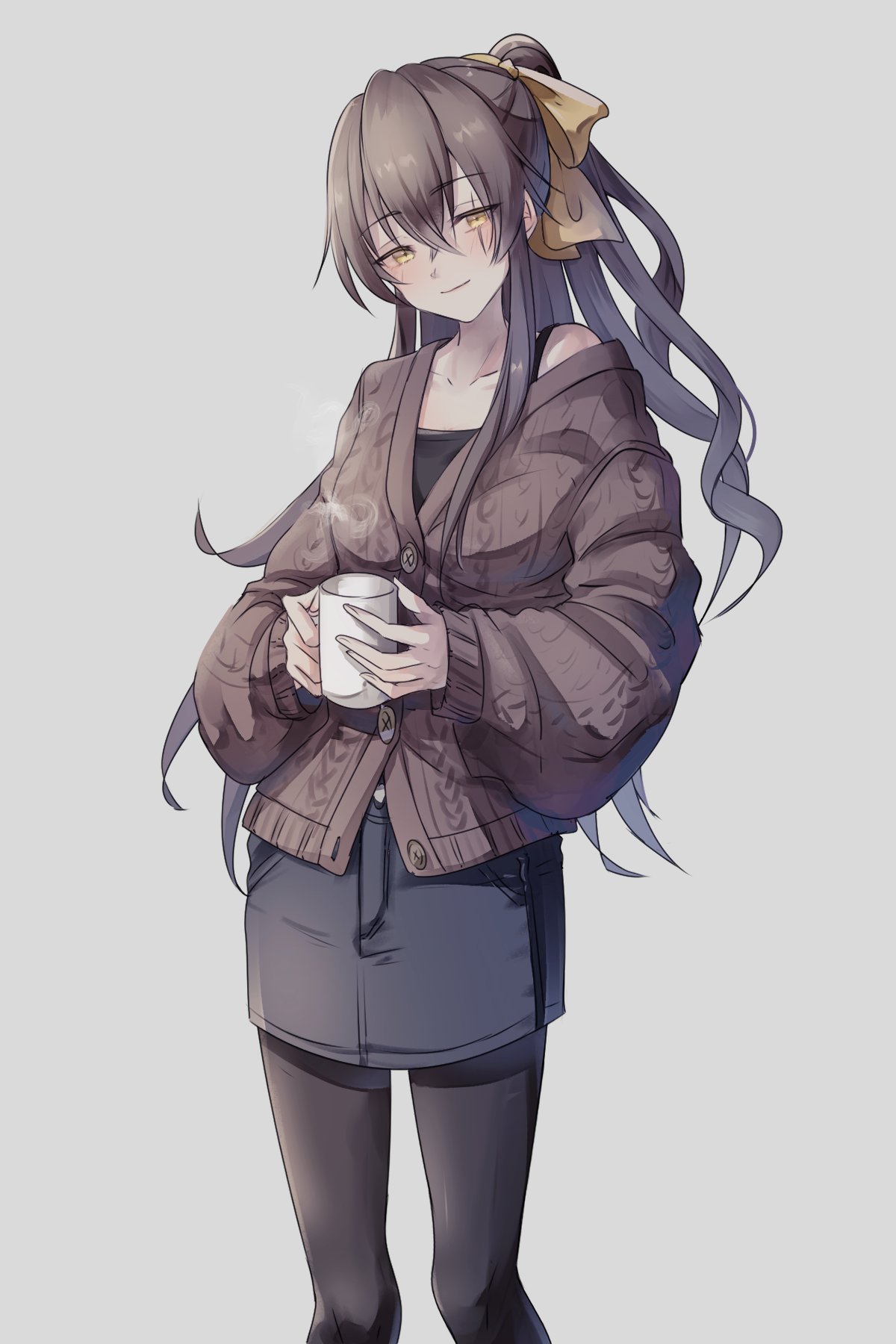 1girl, alternate_costume, bangs, blush, breasts, brown_hair, cardigan, coffee_mug