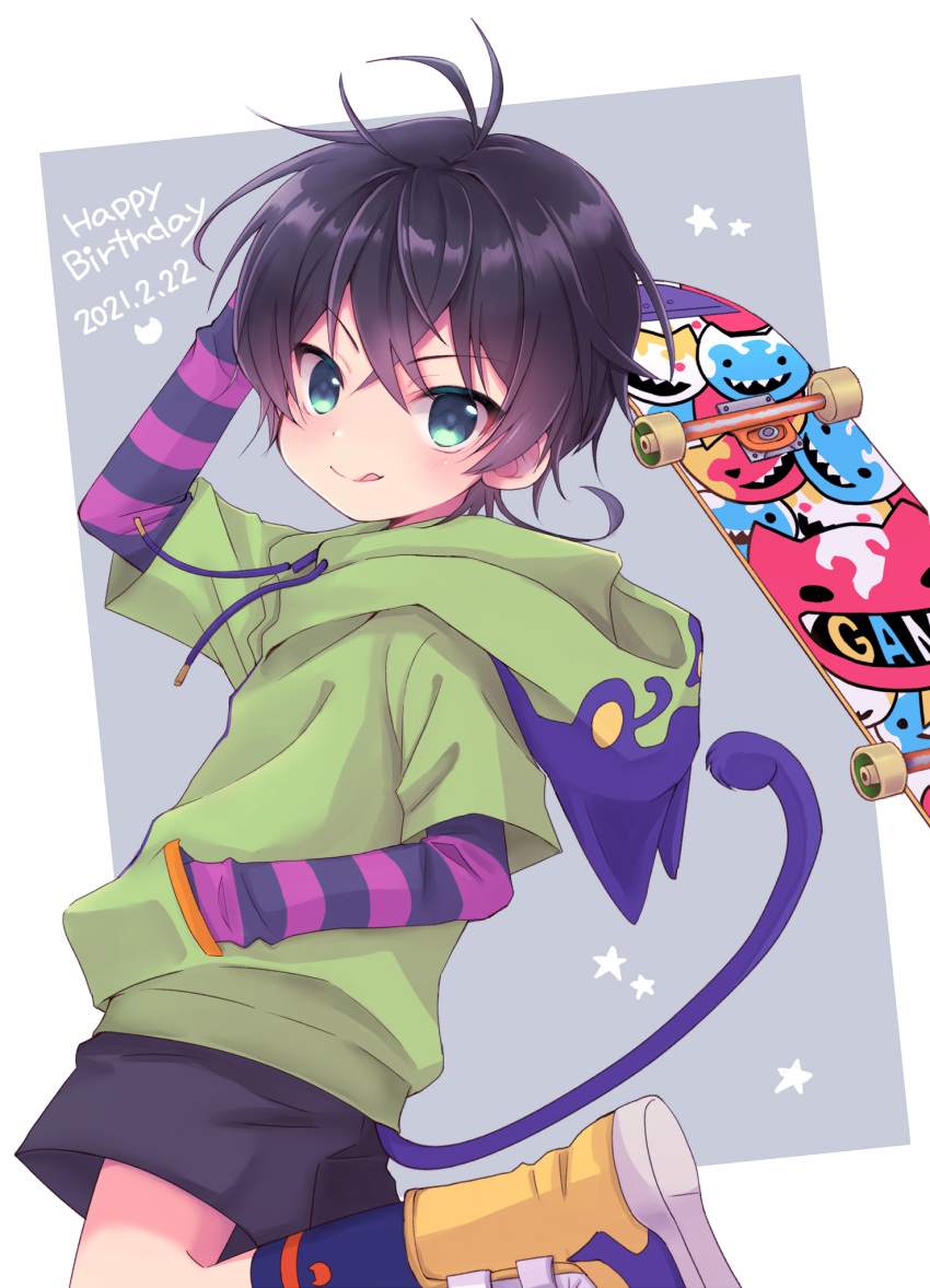 1boy, black_hair, cat_tail, chana_gon, green_eyes, happy_birthday, highres, hood