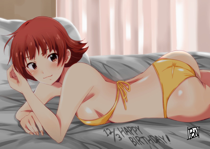 1girl, artist_name, ass, bangs, bed, bikini, blush, closed_mouth
