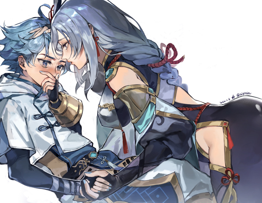 1boy, 1girl, absurdres, aunt_and_nephew, bare_shoulders, black_bodysuit, blue_eyes, blue_hair