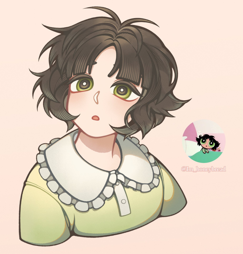 1girl, artist_name, black_hair, bright_pupils, buttercup_(ppg), buttercup_redraw_challenge, collar, cropped_torso